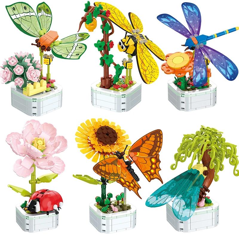 Butterfly Insect Potted Plant Bonsai Flower Block Rose Decoration DIY Mini Building Block Figure Plastic Toy Gift Kids Girls