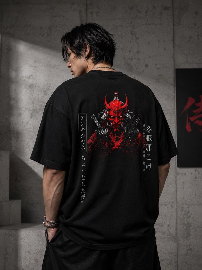 Oni Samurai Oversized T-Shirt, Japanese Streetwear Tee, Demon Mask Graphic Shirt, Ronin Aesthetic Clothing, Anime Inspired Back Print