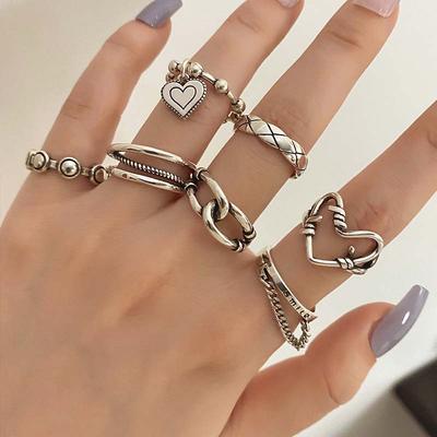 7-teiliges/Set Punk Ring Set für Damen Silberfarbe Retro Geometrisch Kette Herzringe Hip Hop Schmuck Party Persönlichkeits-Accessoires Elegante Stapelringe
