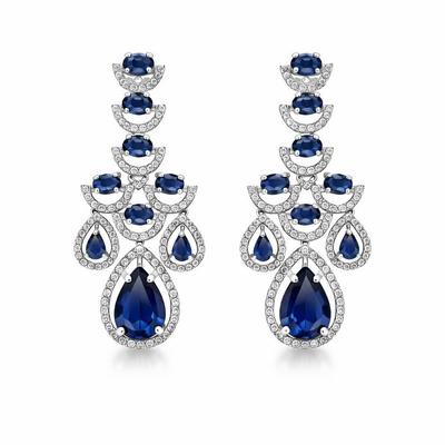 Chandelier Earrings with Blue Sapphire and Diamond, Teardrop Design, White Gold Finish, American Diamond