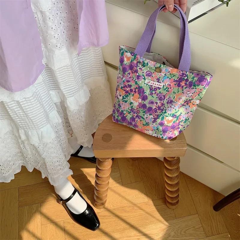 Korean Cloth Handbags Lunch Box Bag Women's Beauty Flower Canvas Bag Outside Shopping Toiletry Phone Oagnzier Storage Bags