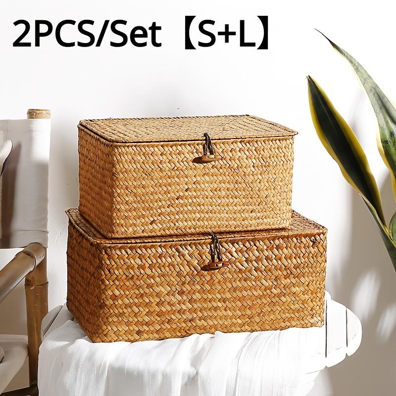 

2PCS Vintage Hand Woven Storage Basket, Gift Storage Box, Office Desk Miscellaneous Storage Box, Buckle and Lid Storage Basket