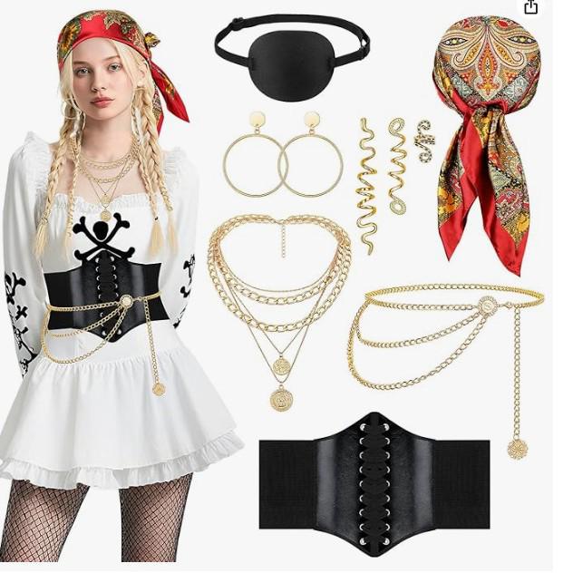Halloween Cosplay Pirate Accessory Set: Headscarf, Belt, Necklace, Bracelet