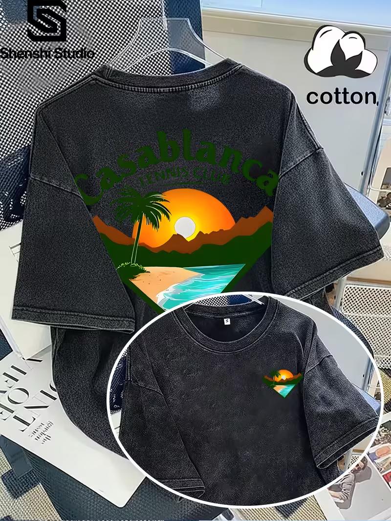 

Fun Seaside Sunset Casablanca Washed Tshirt American Street Shoulder Short Sleeve Casual Wear Gift giving Commuting Suitable S
