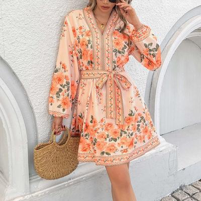Spring Women's V-Neck Floral Print Long Sleeve Tie Dresses