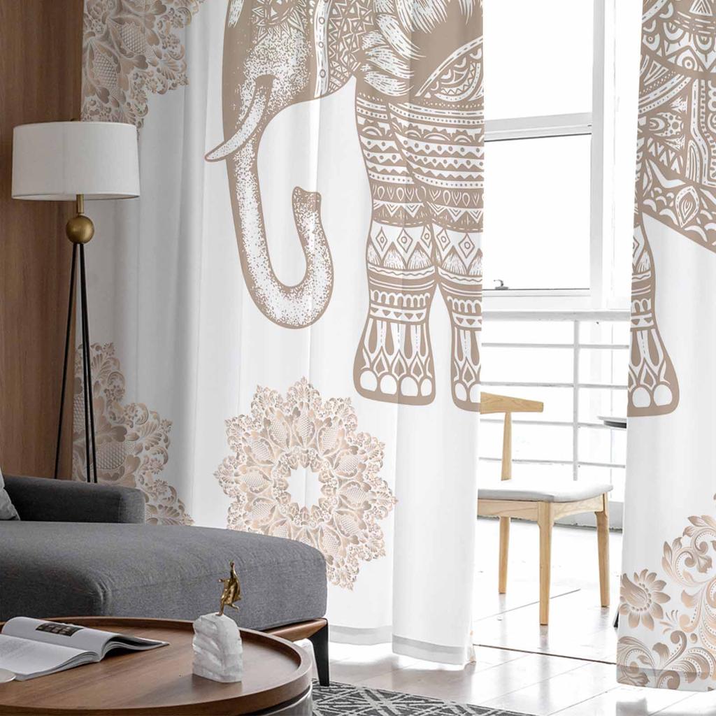 Bohemian Animal Elephant Pattern Sheer Curtains for Kids Bedroom Living Room Voile Window Curtains Tulle Drapes