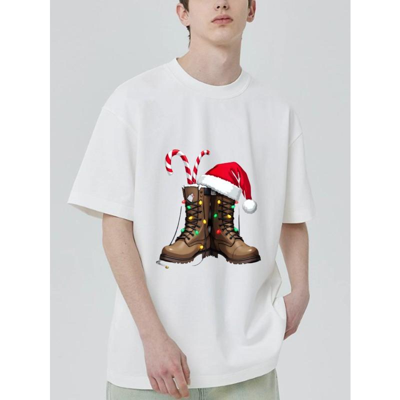 Christmas Boots T Shirt Black Santa Hat and Candy Cane Print Holiday Party Casual Wear