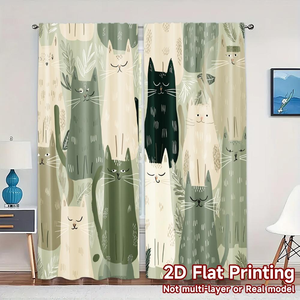 

Set Of 2 Flat Printing Jit Curtains Without Rod Curtain Cats Minimalist Versatile Polyester Modern Made W100*H70(CM)-Hooks&2PCS