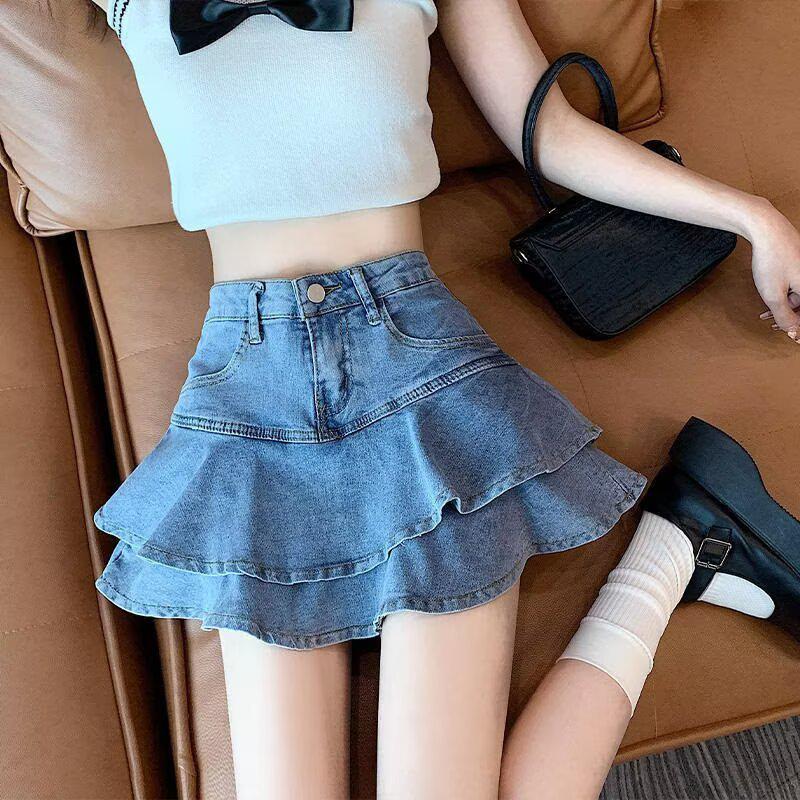 Denim Ruffle Fishtail Mini Skirt - Women's Plus Size High Waist A-line Summer Skirt