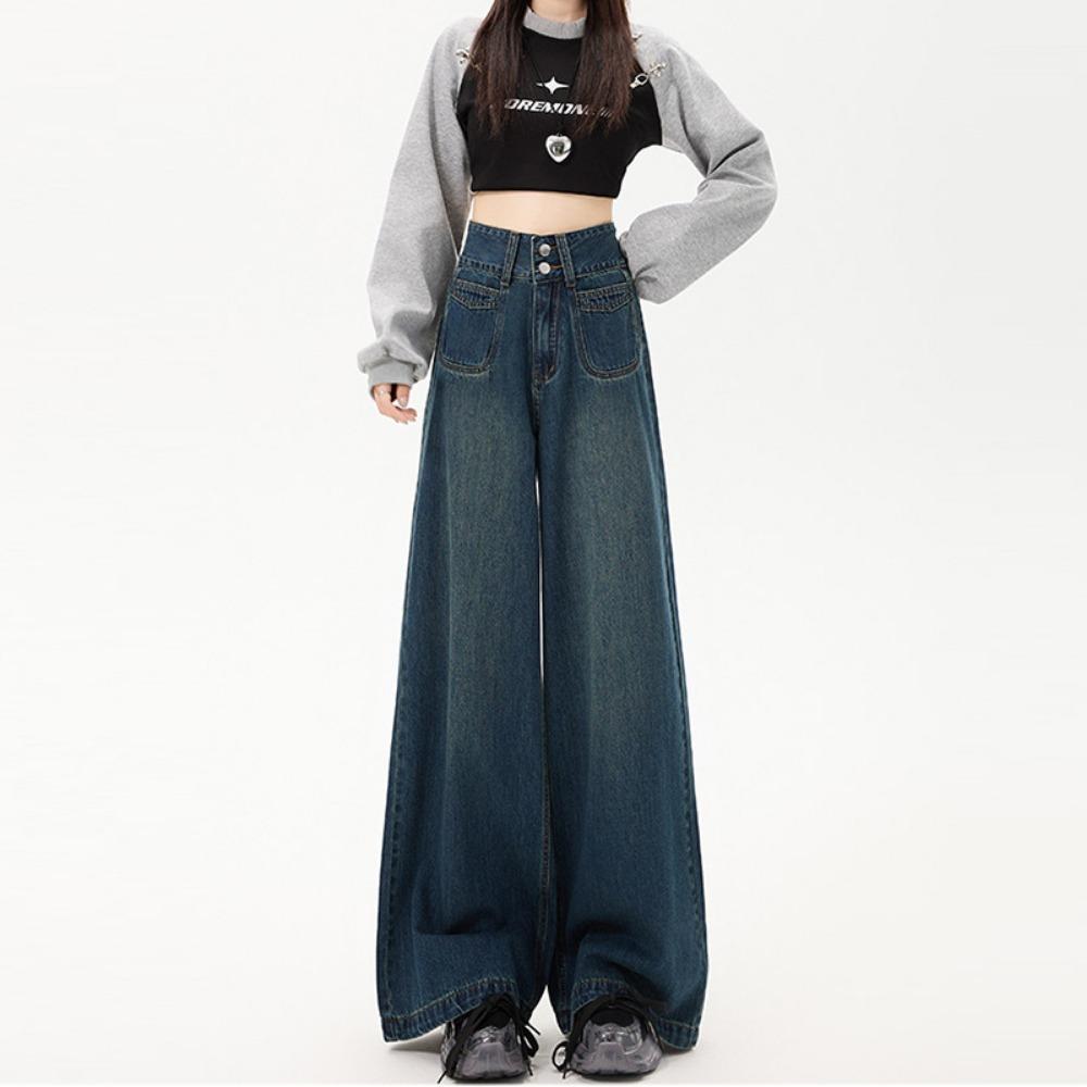 Design Sense Street Fashion Mopping Jeans Women's Spring and Autumn New Loose and Skinny Wide Leg Pants Tide