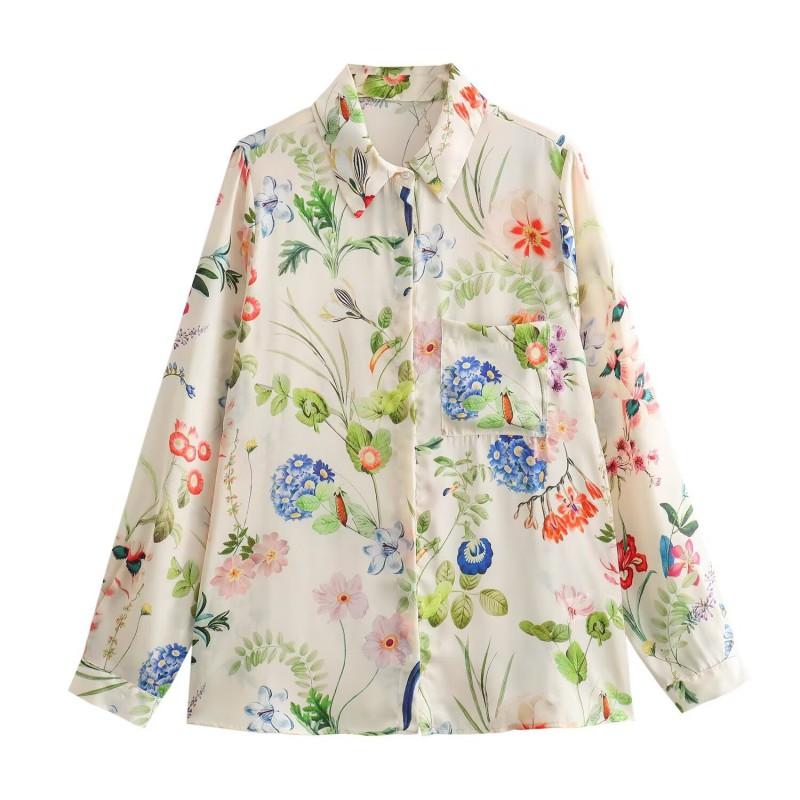 Womens Floral Print Long Sleeve Button-Up Shirt Loose Fit Casual Elegant Top