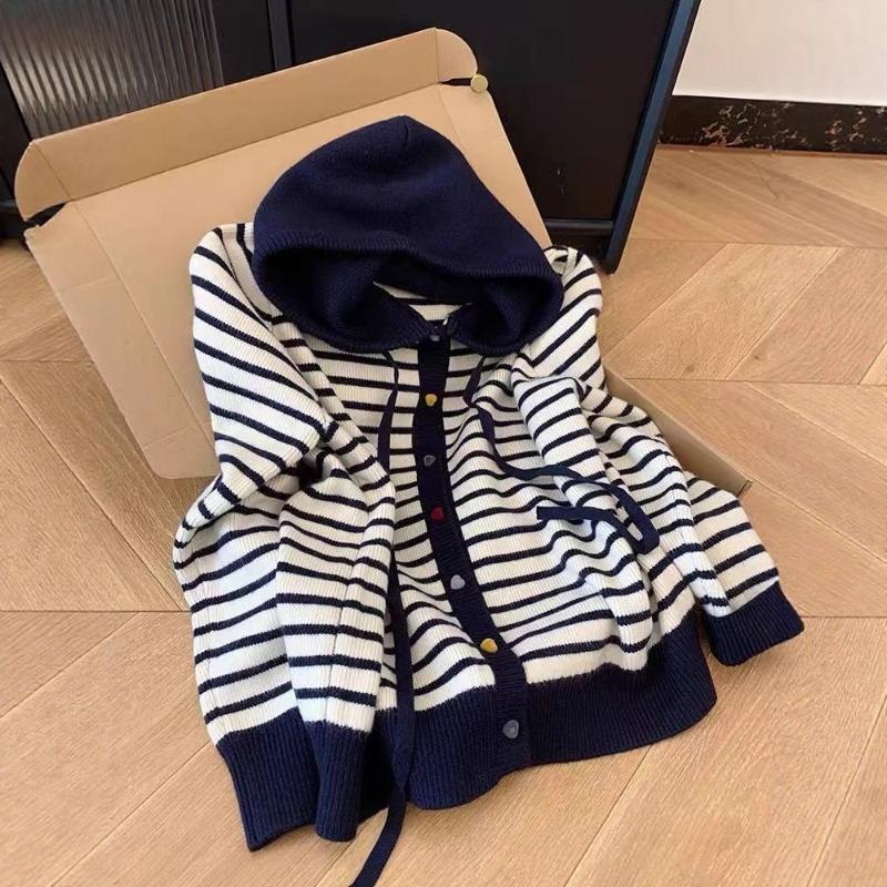 Contrasting splicing striped hooded long-sleeved knitted cardigan sweater jacket women's new early autumn top