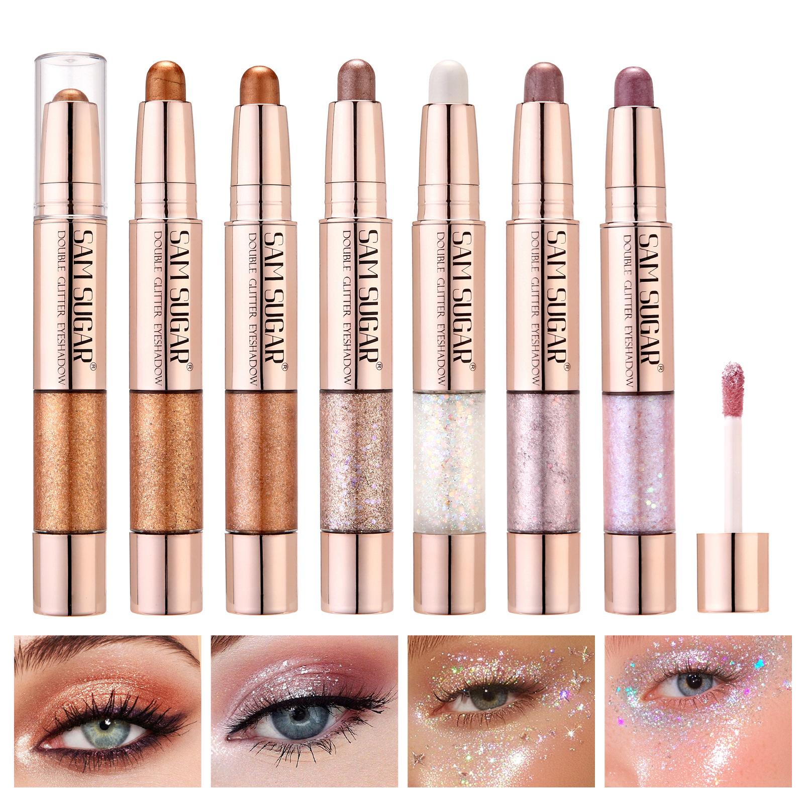 6pcs Double-Ended Glitter Eyeshadow Stick Set Waterproof Shimmer Metallic Gradient Eyeshadow Pen Highlighter and Aegyo-Sal Makeup Crayon for Women 6pcs