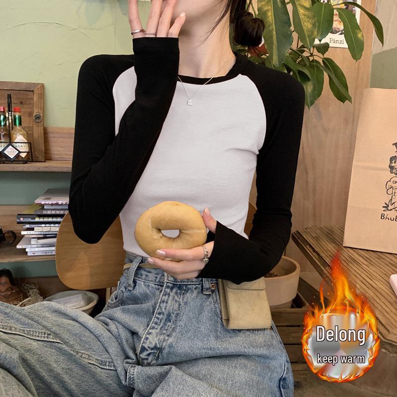 

Шикарный топ из немецкого бархата с цветными блоками и изогнутым низом, с длинным рукавом, для женщин - Осень/Зима Extra Large чёрный