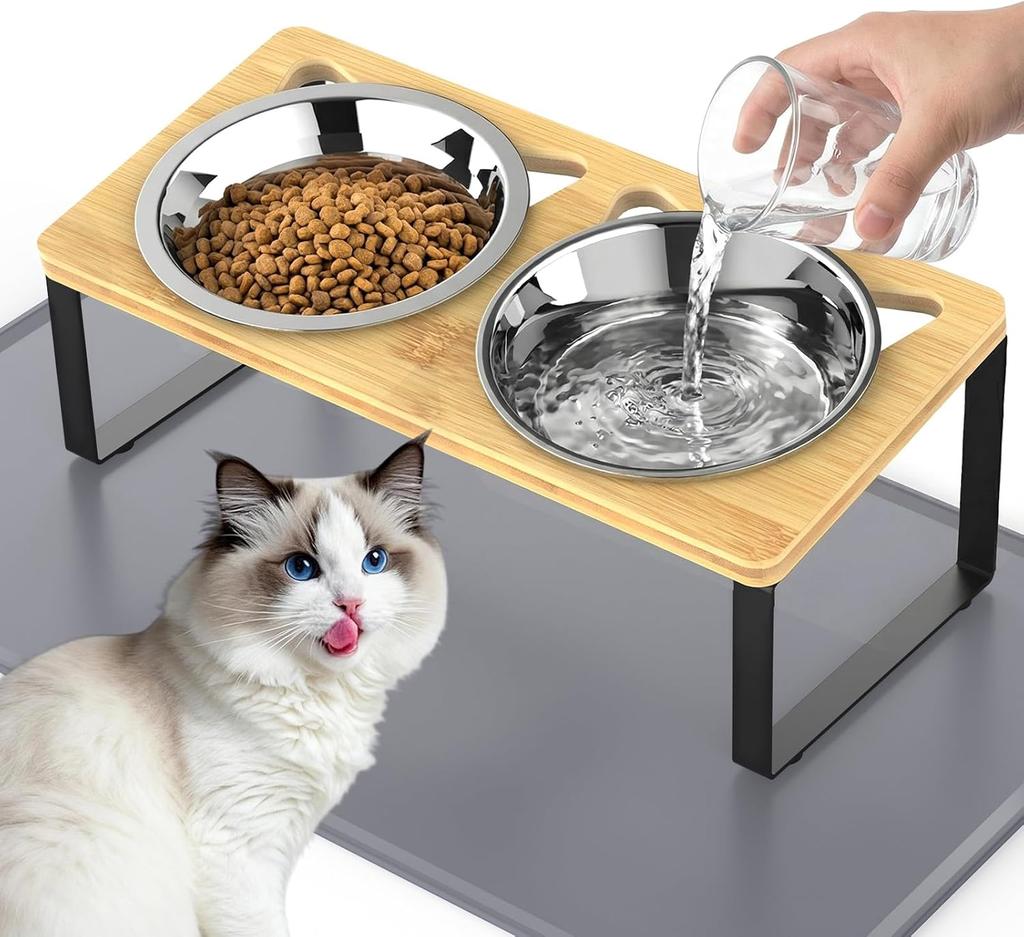 Cat Food Bowls with Wooden Stand 2 Stainless Steel Bowls for Cats Elevated Cat Bowls Pet Feeder 15° Tilted Raised