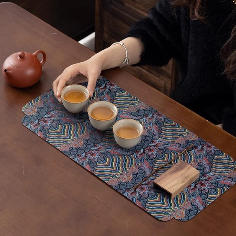 Double-Sided Brocade Tea Mat - Chinese Zen Style Non-Slip Dry Brewing Pad for Tea Ceremony Vintage Table DecorTraditionalCoaster