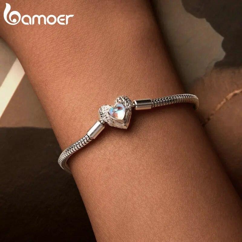 Bamoer authentique 925 en argent Sterling coeur gardien serpent Bracelet à breloques femmes perles et pendentif Bracelet à bricoler soi-même