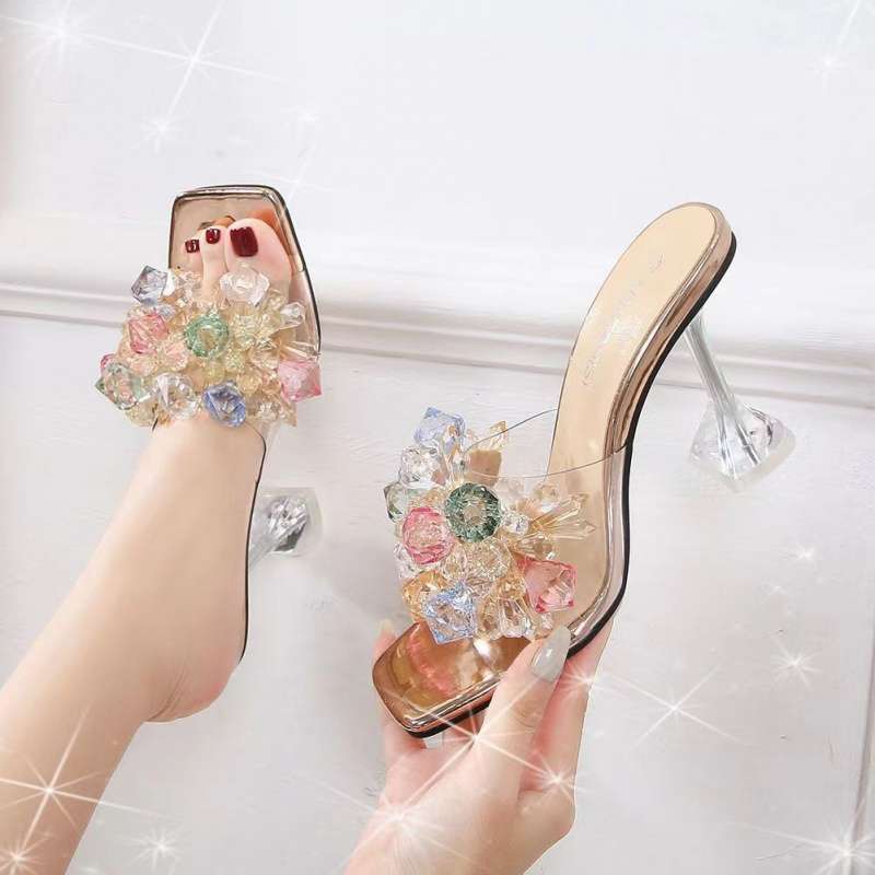 Crystal transparent one-word slippers women's summer wear 2025 new fashion fairy style high-end thick heel sandals