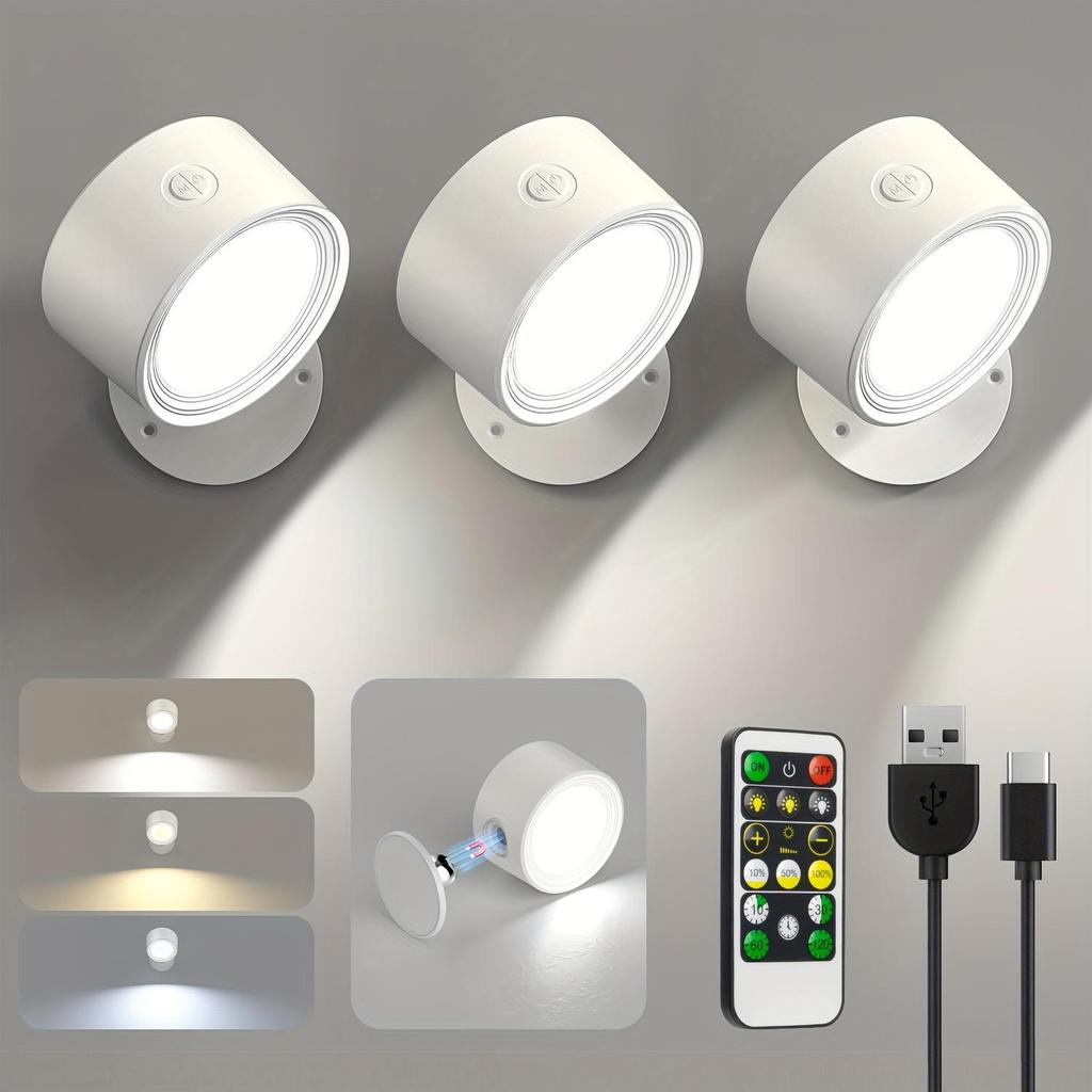 Wireless LED Wall Light/Lights: 3 Color Temperatures, 360° Rotatable,No-Drill & Rechargeable.Remote Control, Dimmable,Night Light for Bedroom