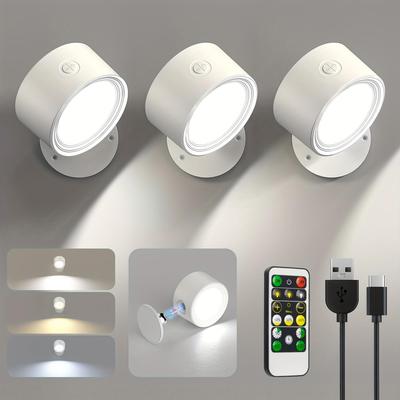 Kabellose LED Wandleuchte/Leuchten: 3 Farbtemperaturen, 360° drehbar, Bohrlos & Wiederaufladbar. Fernbedienung, Dimmbar, Nachtlicht für Schlafzimmer