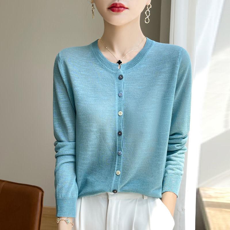 Women's Slim-Fit Thin Knitted Cardigan Coat for Summer Long Sleeve Plus-Size Top for Spring and Autumn Outer Wear