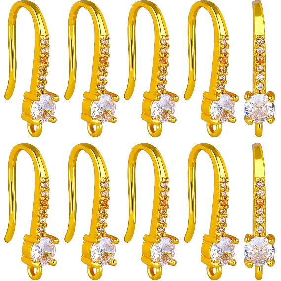 BEEFLYING 20PCS Golden Cubic Zirconia Earring Hooks Ear Wires Findings with Dangle Loops for Women DIY Jewelry Making Crafts