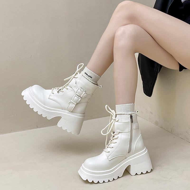 Fashion Retro Leather Boots Versatile Solid Color Platform Martin Boots Autumn and Winter British Style High-heeled Short Boots Small Fashion Boots