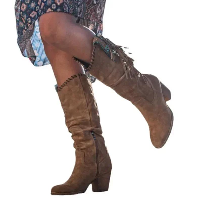 Fashion Women  High Boots Trend Retro Metal Buckle Pointed Toe Thick Heel Tassle Western Cowboy Boots Female Shoes Botas De Mujer 2024
