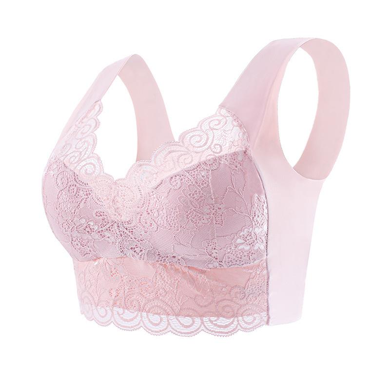 

Gathering beautiful back fixed integrated cup seamless sleep bra vest no steel ring lace chest wrapping underwear M [80-50kg] рожевий