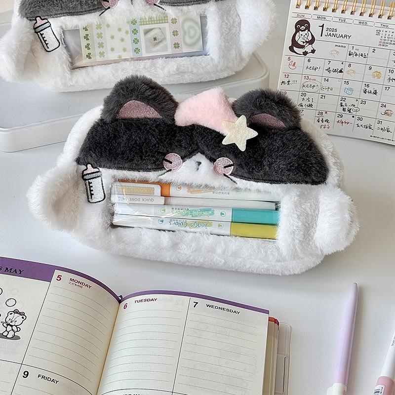 Cartoon Plush Cat Visual Pencil Case Cute Large Capacity Storage Pencil Bags Multi-functional Student Stationery Storage Box