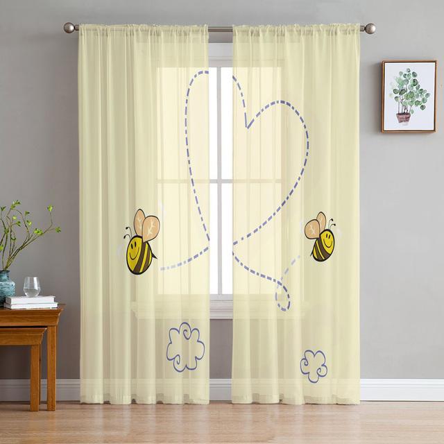 

Тюлевые шторы с милым квадратным узором в виде пчелы для гостиной, кухни, прозрачная вуаль, занавеска для спальни, оконные панели 135W x 244H(cm)x2