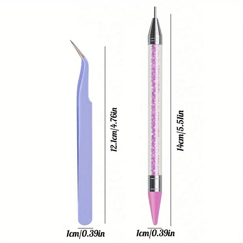 2Pcs Nail Art Diamond Pens with Diamond-encrusted Crayons with Stainless Steel Tweezers Nail Grafting Eyelashes Manicure Tools