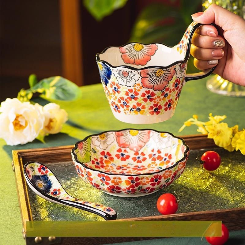 

Суповые миски с ручками, керамические тарелки и миски в наборе с чашкой и ложкой, кружка из польской керамики для завтрака, перекусов, десерта, можно мыть в посудомоечной машине и использовать в микроволновой печи