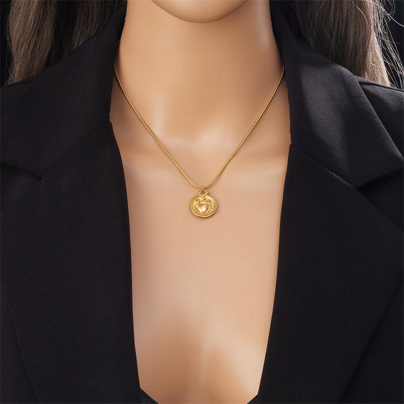 Retro New Round Double Sided Wearing 12 Constellation Pendant Titanium Steel Necklace Jewelry