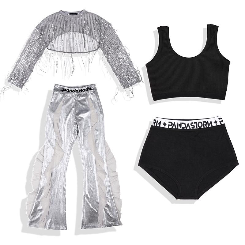 Girls' Sequin Tassel Jazz Dance Outfit - Mesh Long Sleeve & Pants Set for Street & Performance