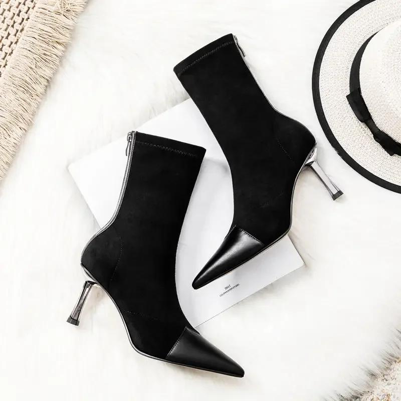 

Мода 2024 года. Новые эластичные носки и ботинки, острый носок, средний каблук, тонкий каблук, высокие каблуки, женская весна, осень, зима, тонкие ботинки 35 чёрный