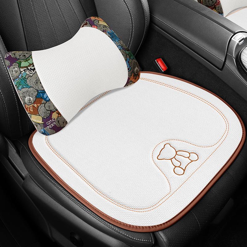 Four Seasons Universal Linen Car Seat Cushion - Cartoon Bear, Breathable, Half-Wrap Rear Seat Cover
