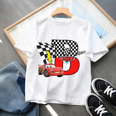 Lightning McQueen T-shirt Cute Cartoon Clothes A-Z Letter Printed Round Neck Boys' Top Sweating White Short Sleeve Birthday Gift