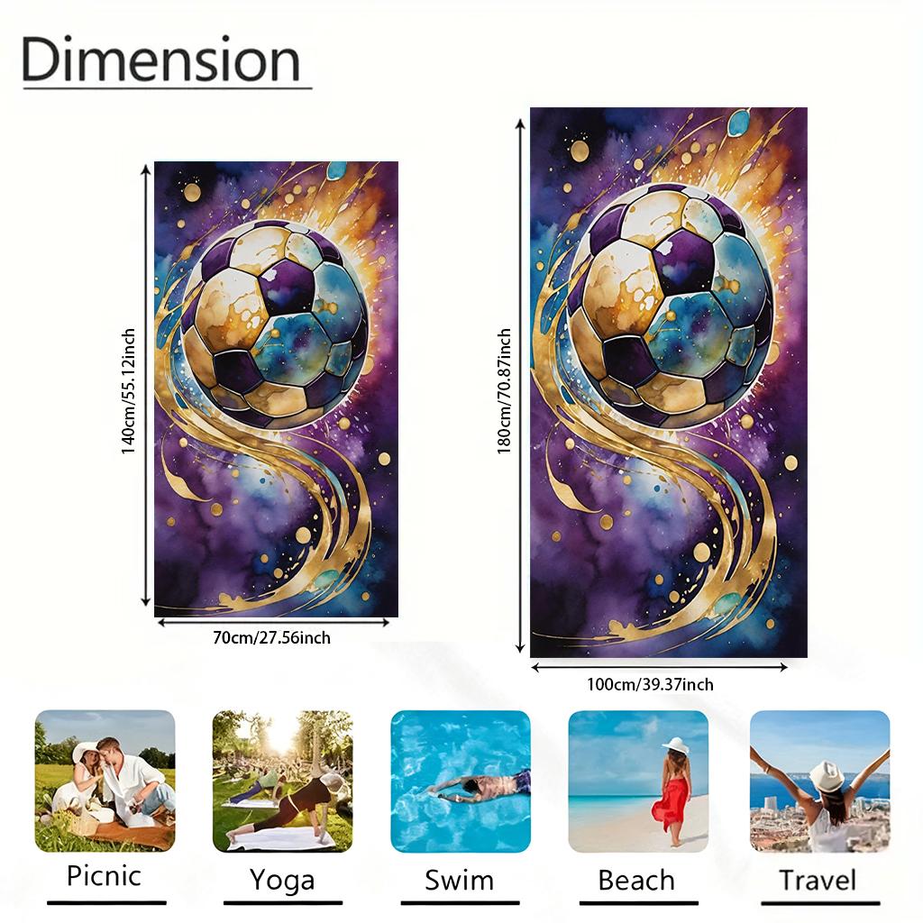 Watercolor Galaxy Soccer Beach Towel, Abstract Purple Gold Football Print Microfiber Towel, Quick Dry Sports Bath Towel for Beac