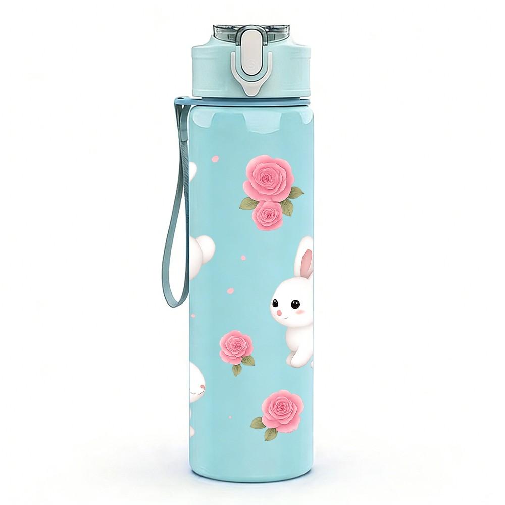 1PC Cute Bunny Floral Easter Pattern 750ml Color Plastic Sports Water Bottle Leakproof Flip Straw Lid Suitable for Sports Office Home Use