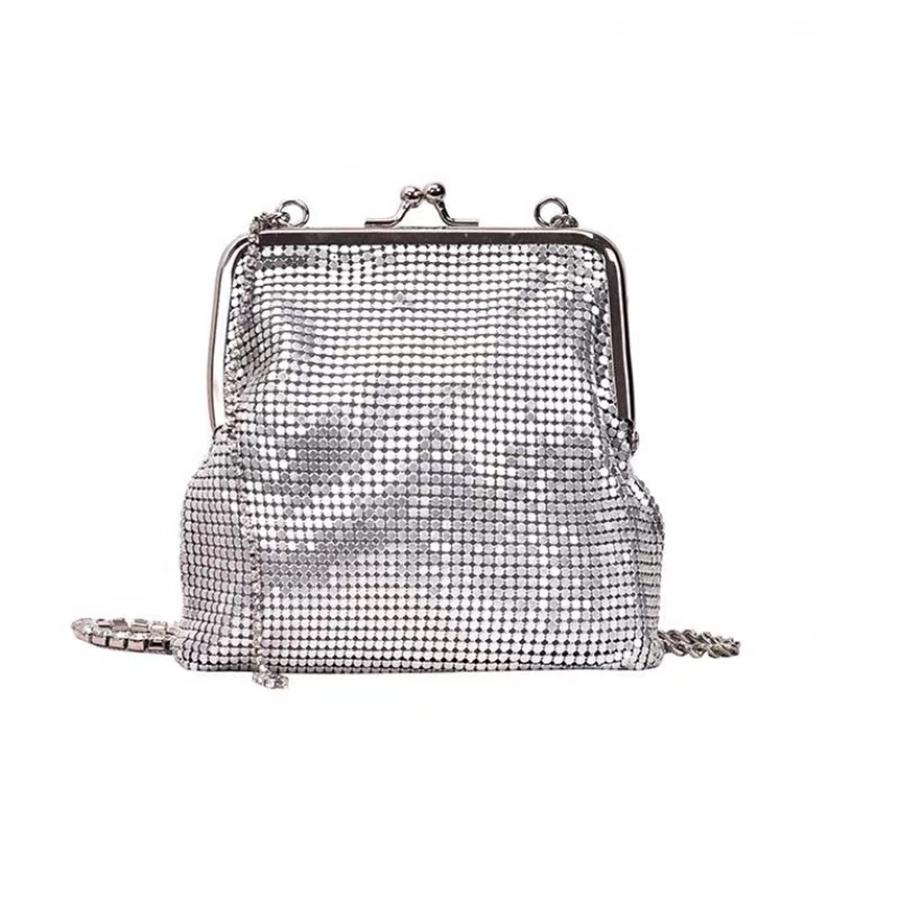 Chains Women Shoulder Bag Retro Kiss Lock Crossbody Bags For Female Metallic Sequin Shell Bag Clip Wallet Small Purse Handbags