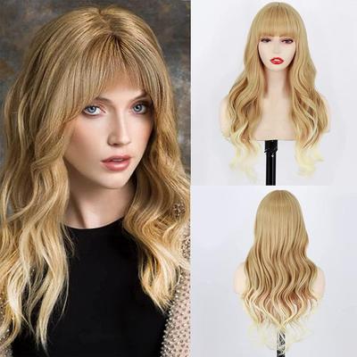 Lange braune Perücke mit Pony, hellbraune gewellte Perücken für Frauen, synthetische natürliche gewellte lange braune Haarperücke für den täglichen Gebrauch