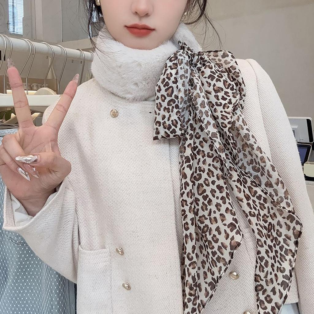 Winter Furry Plush Collar Scarf Women Warm Shawl Wrap Scarves with Silk Ribbon Leopard Pattern Patchwork Neckerchief