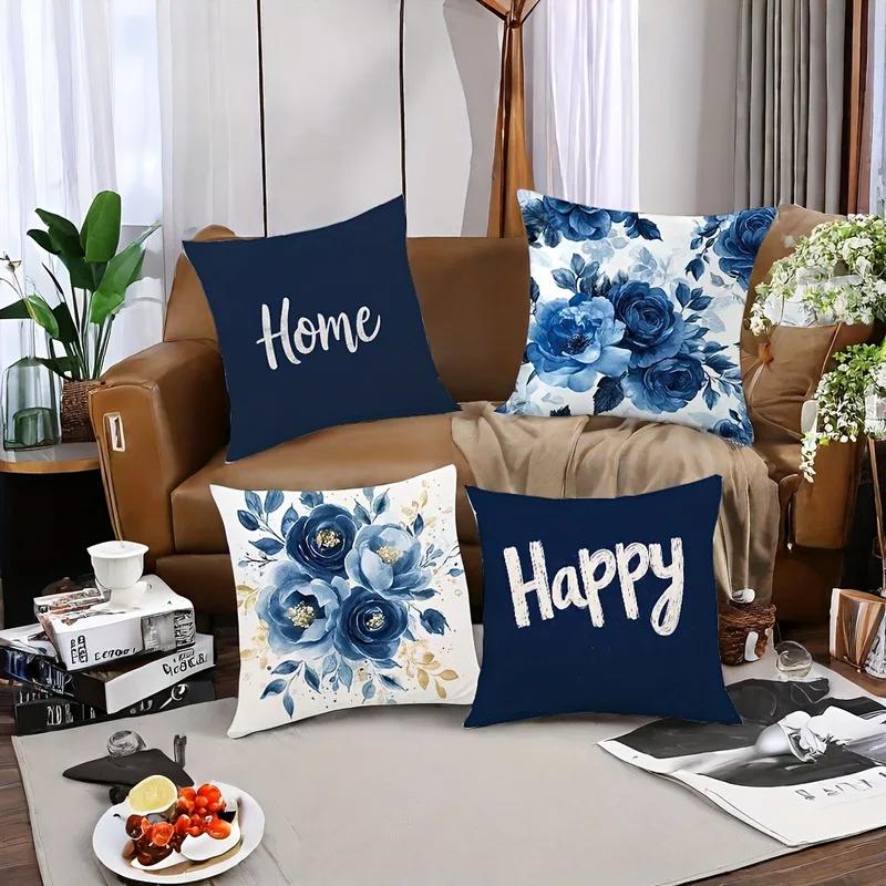 Helenal Unisex Blue Vikama Floral Cushion Cover Watercolor Rose Print Aesthetic Sofa Pillow Case For Living Room Car Decor