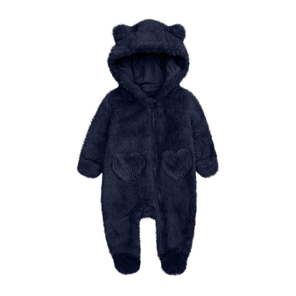 Baby Plush Warm One-Piece Bear Hooded Zipper Children's Solid Color Sleepsuit
