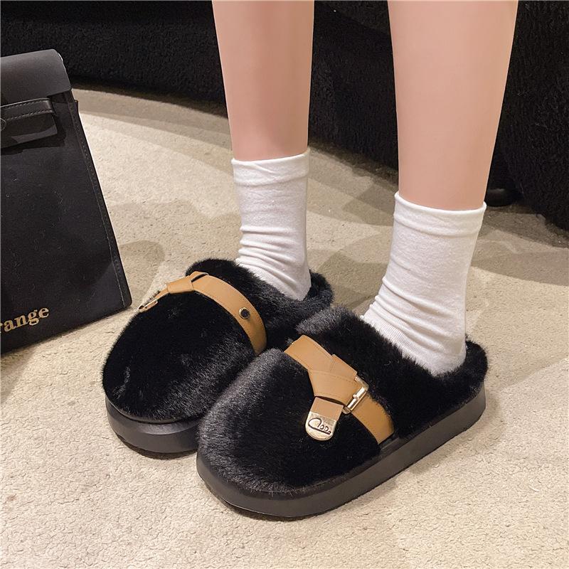 Cotton slippers women's thick-bottomed bag head and anti-skid slippers for stepping on shit, new velvet warm cotton mop in autumn and winter 2025