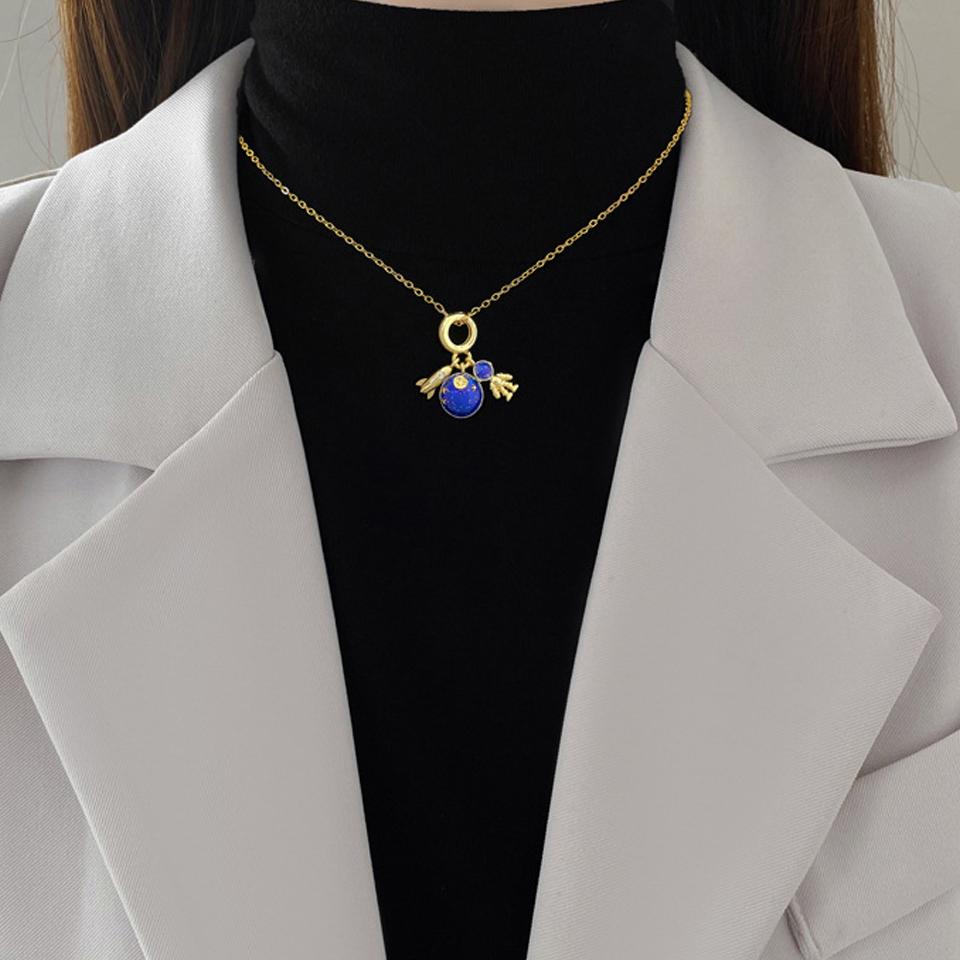 ZAKOL Gold Color Titanium Steel Chain Necklace Fashion Planet Astronaut Round Pendant Necklace Party Zircon Gift