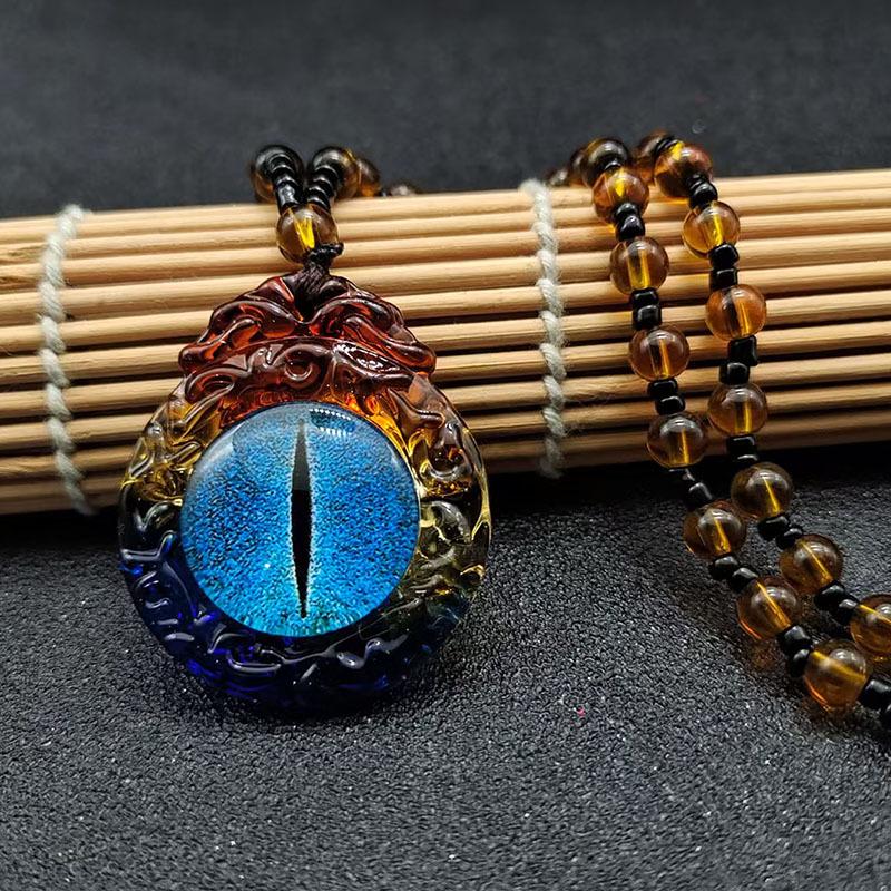 Ethnic Style New Three-color Glass Necklace Women's Sky Eye Pendant Tibetan Glass Pendant Simple Sweater Chain