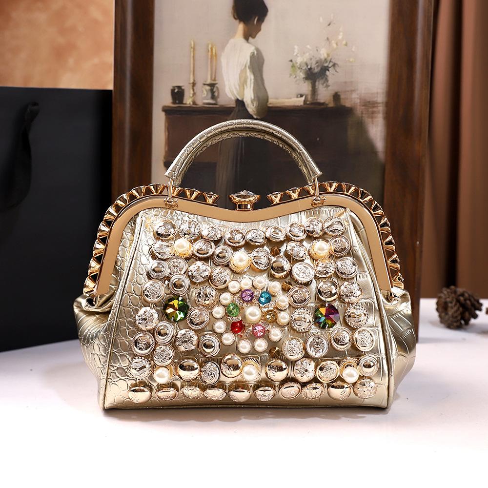 Personalized Women'S Bags, Fashionable Portable Bucket Bags, Handmade Beaded Rhinestones, Trendy Shoulder Messenger Bags.
