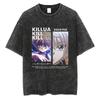 Hunter x Hunter Killua Zoldyck Thunder Grid Print Vintage Gewaschen Übergroß Anime Streetwear Damen und Herren T-Shirt